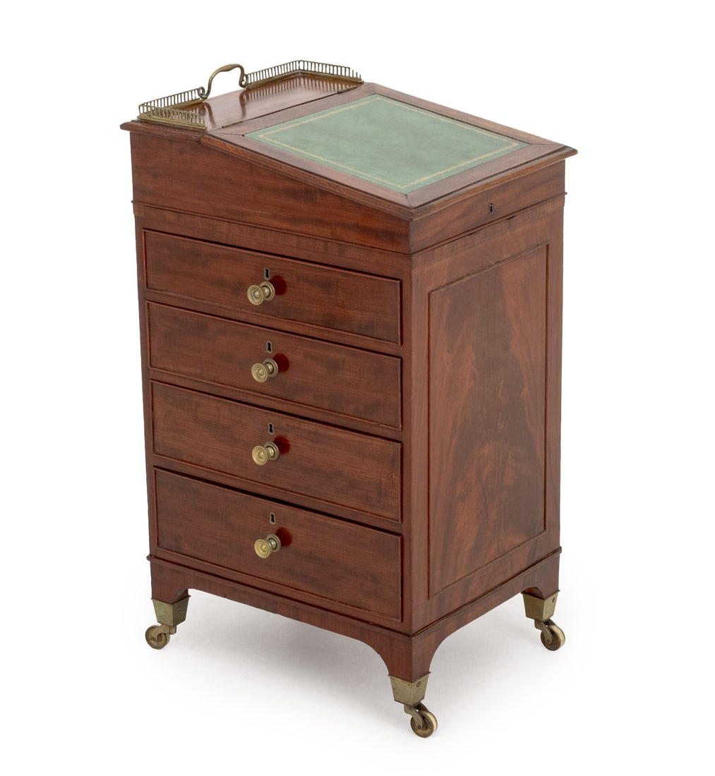 English Regency Mahogany Davenport Desk, 19th C.: English Regency Mahogany Davenport Desk, 19th century, with three-quarter brass galleried and gilt-tooled and green leather lift top opening to storage compartment with two short drawers above pull-ou