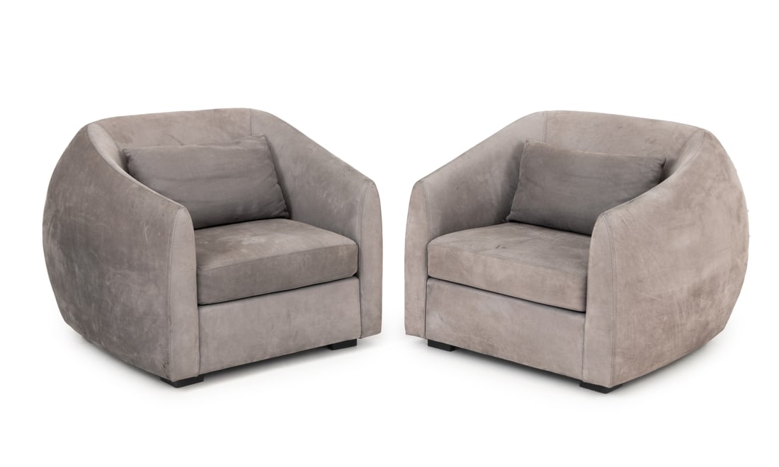 Modern Style Gray Suede Tub Chairs, Pair: Pair of Modern Style Gray Suede Upholstered Tub Chairs. 30" H x 31.5" W x 35" D; seat: 16.5" H. Provenance: From a 157 West 57th Street Collection. Keywords: Contemporary Furniture, Seating, Armchair,