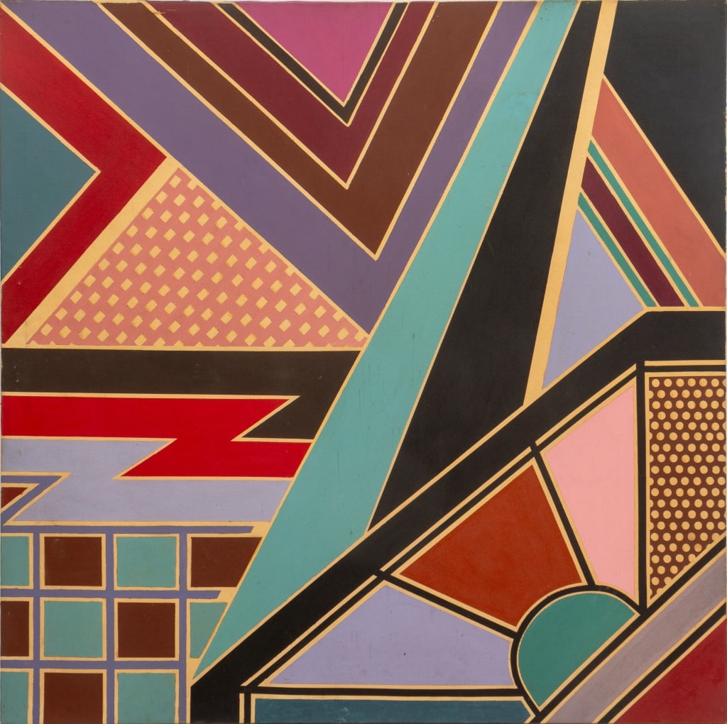 Frank Stella Style Geometric Acrylic on Canvas: Frank Stella Style, Geometric Composition, Acrylic on Canvas, unsigned, unframed. 46" H x 46" W. Provenance: From a New York City Collection. Keywords: Paintings, Works on Canvas, Abstract, Abstractio