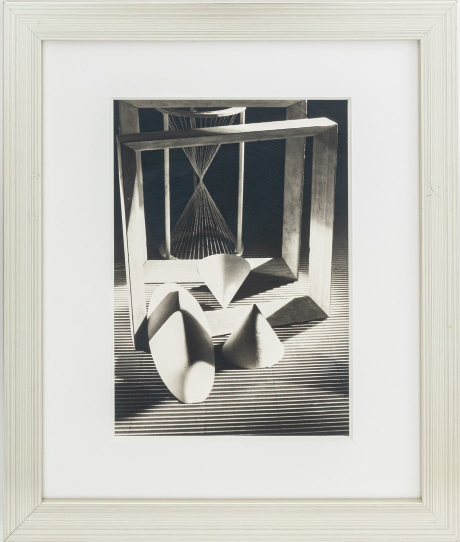 Gyorgy Kepes Still Life with Shapes Silver Print: Gyorgy Kepes (Hungarian/American, 1906-2001), Still Life Scene with Shapes, Gelatin Silver Print, 1940, likely printed later, apparently unsigned, silvered wood frame. Image: 8.5" H x 6" W; frame: 13.