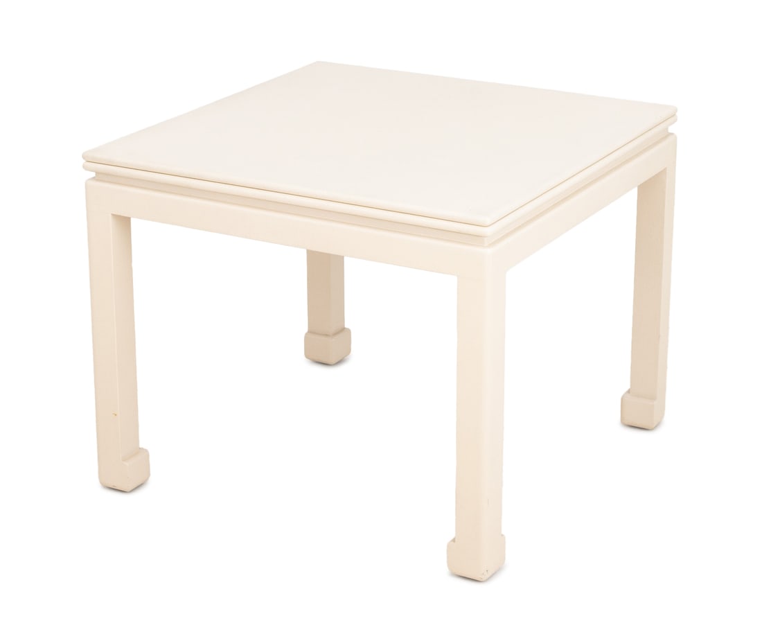 James Mont Style White Painted Dining Table: James Mont Style White Painted Extending Dining Table. Extended: 30.25" H x 76" W x 38" D; closed: 31" H x 38" W x 38" D. Provenance: From an Upper East Side Estate. Keywords: Modern Furniture, Center