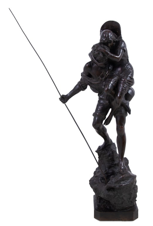 Ettore Ximenes "The Pilgrims" Bronze Sculpture: Ettore Ximenes (Italian, 1855-1926) "The Pilgrims" Patinated Bronze Sculpture, late 19th century, depicting a male pilgrim holding a staff carrying his female companion down a rocky outcropping, on sq
