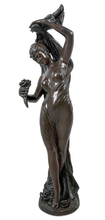Giorgio Ceragioli "Danza dei Flori" Bronze, 1910: Giorgio Ceragioli (Italian, 1861-1947) "Danza dei Flori" [Dance of the Flowers] Patinated Bronze Sculpture, 1910, the draped standing figure clutching a rose, on a circular base, titled, signed, and d
