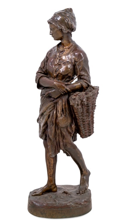 Jean-Baptiste Carpeaux "Puys" Patinated Bronze: After Jean-Baptiste Carpeaux (French, 1827-1875) "Puys" Patinated Bronze Sculpture, late 19th century, depicting a winkle fisherman, signed to base and titled "Puys". 29" H x 8" W x 9" D. Keywords: Fr