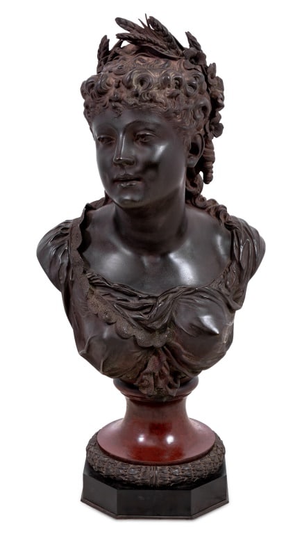 Pierre Louis Detrier Bust of a Woman Bronze: Pierre Louis Detrier (French, 1822-1897) Bust of a Woman Patinated Bronze Sculpture, late 19th century, the beauty wearing a floral crown and flowing dress, signed, on a rouge griotte marble socle wit