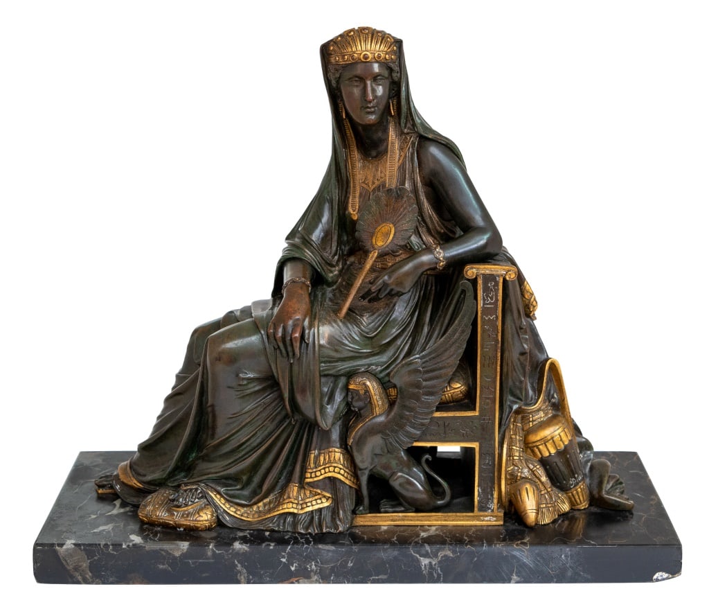 Leon Pilet "Cleopatra" Patinated Bronze, 19th C.: Leon Pilet (French, 1840-1916) "Cleopatra" Patinated and Gilt Bronze Sculpture, late 19th century, the seated queen holding a fan, signed to urn, on a nero portoro marble plinth. 12.5" H x 14.5" W x 6