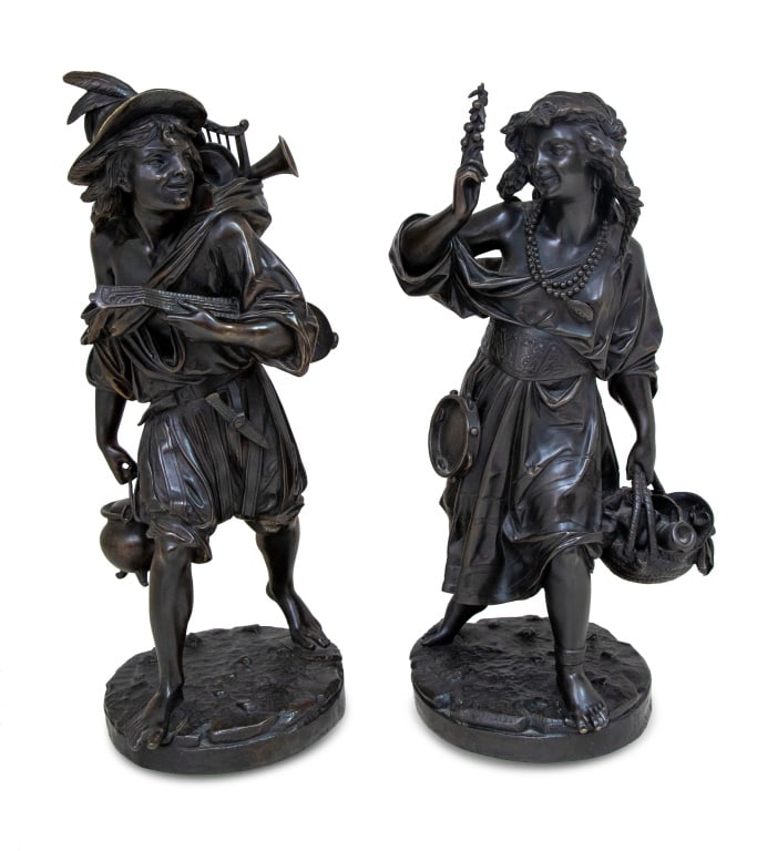 Auguste Carrier "Musicians" Patinated Bronze, Pair: Auguste-Joseph Carrier (French, 1800-1875) "Musicians" Pair of Patinated Bronze Figures, late 19th century, depicted as male and female traveling musicians, signed to base of male figure. Tallest: 18.