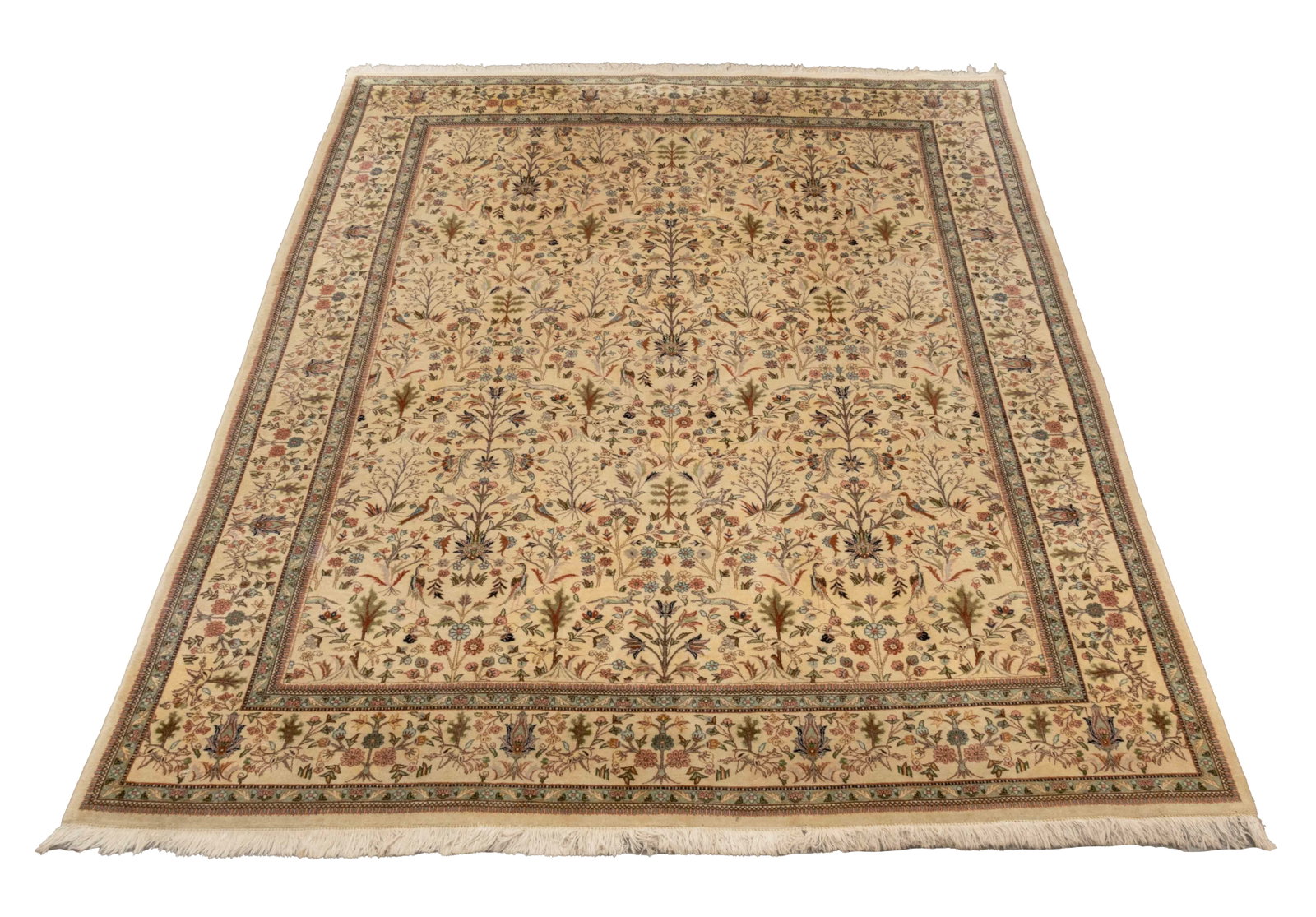 Persian Tabriz Pictorial Carpet, 12' 2" x 9' 7": Persian Tabriz Pictorial Carpet, decoratd with a "Golo Bolbol" [Rose and Nightingale] pattern on a cream ground, label to underside. 12' 2" L x 9' 7" L. Provenance: From a Forest Hills Gardens Estate.