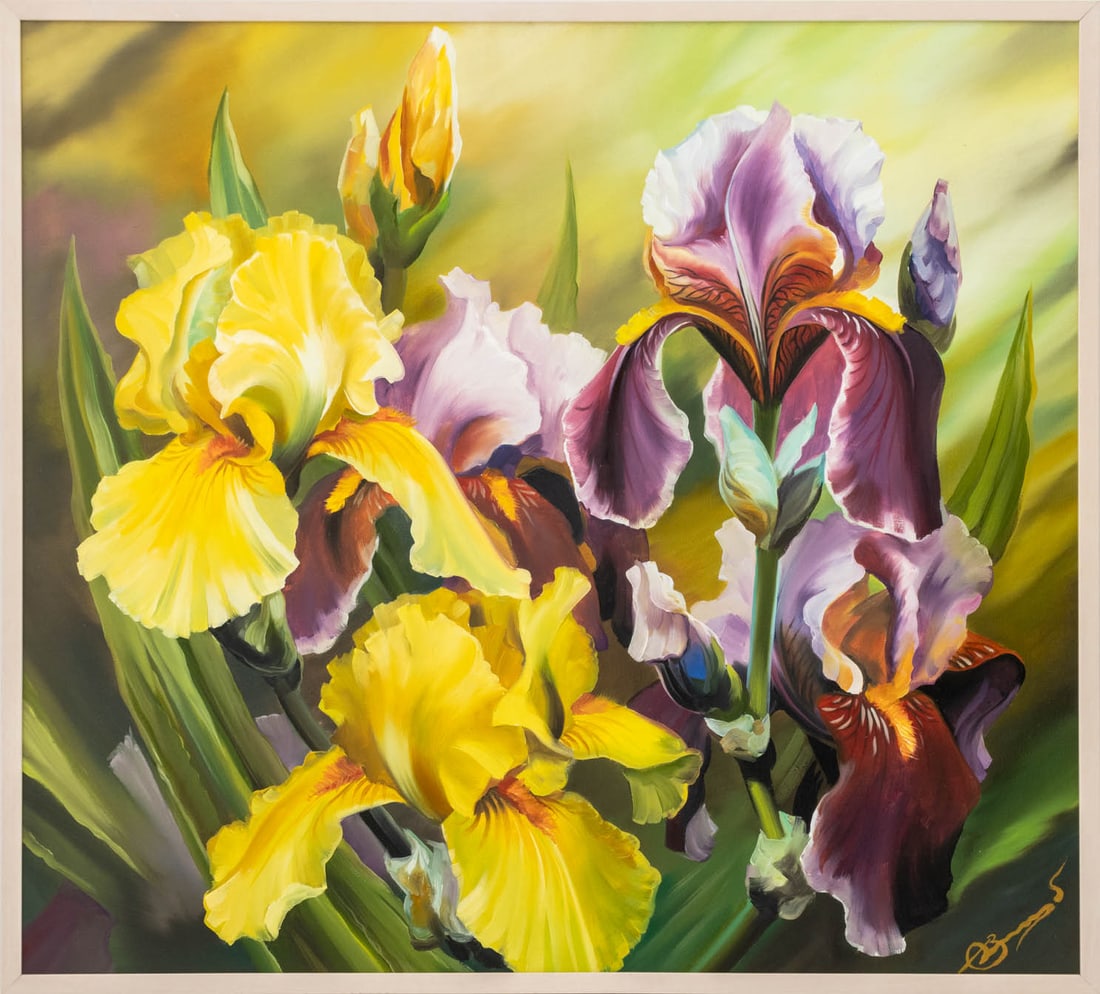 Illegibly Signed Irises Oil on Canvas: Contemporary School, Irises, Oil on Canvas, illegibly signed lower right, pink painted wood frame. Image: 35" H x 38.75" W; frame: 36.75" H x 40.25" W x 1.25" D. Provenance: From a Tarrytown, New York