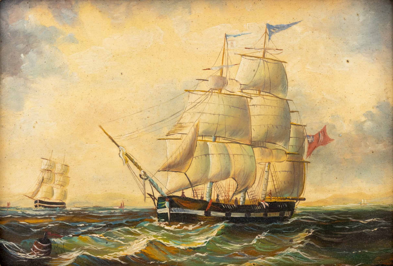 Signed Nautical Scene Oil on Panel, 19th C. - 2