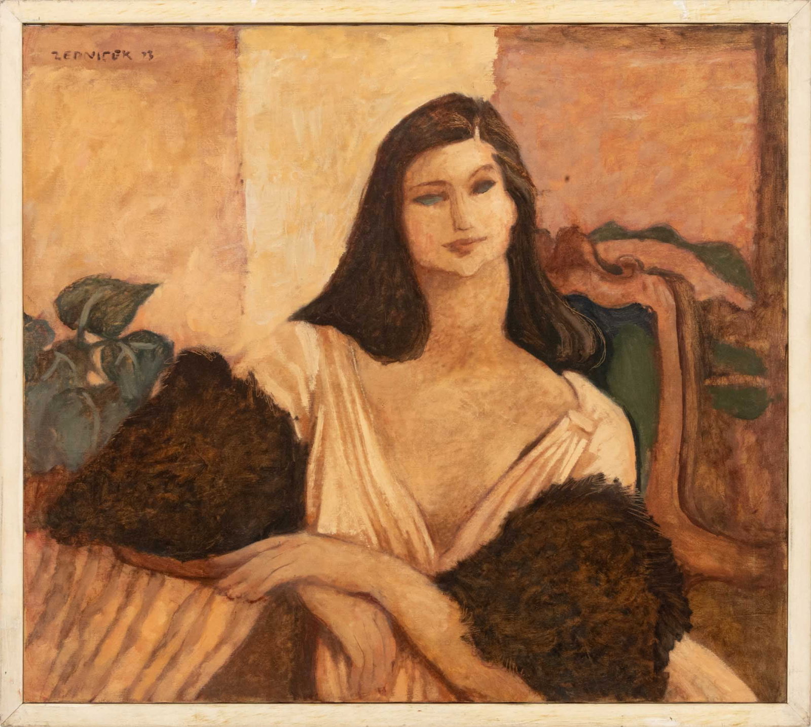 Karel Zednicek Portrait of a Woman Oil on Canvas: Karel Zednicek (Czech, b. 1931), Portrait of a Woman Wearing a Fur Stole, Oil on Canvas, 1973, signed and dated upper left, white painted wood frame. Image: 32" H x 36" W; frame: 34.5" H x 38.25" W x 