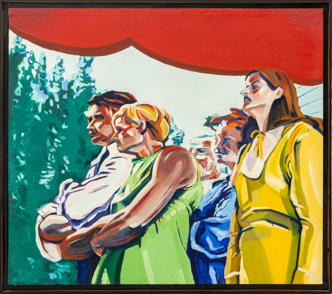 Freeman "The Wedding Party" Oil on Canvas, 1968: Freeman (XX), "The Wedding Party", Oil on Canvas, 1968, signed, titled, and dated verso, black frame. Image: 31.75" H x 36" W; frame: 34" H x 38" W x 2" D. Provenance: From a Scarsdale, New York Estat