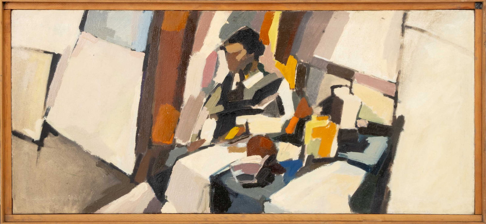 Freemab Abstract Post-Cubist Figure Oil on Canvas: Freeman (XX), Abstract Post-Cubist Figure, Oil on Canvas, signed "Freeman" verso, wood frame. Image: 22.25" H x 50" W; frame: 24.25" H x 52.25" W x 1.5" D. Provenance: From a Scarsdale, New York Estat