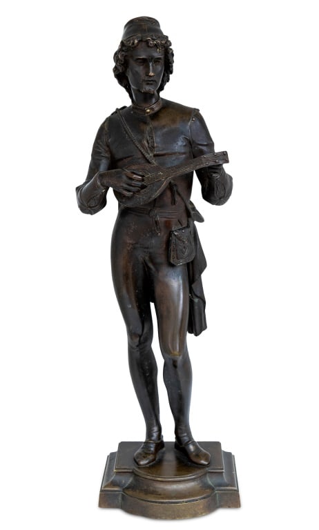 Jules Graux-Marly "The Mandolin Player" Bronze: After Jules Graux-Marly (French, XIX) "The Mandolin Player" Patinated Bronze Sculpture, early 20th century, the standing figure in Renaissance costume, playing his instrument. 17" H x 5" W x 5" D. Key