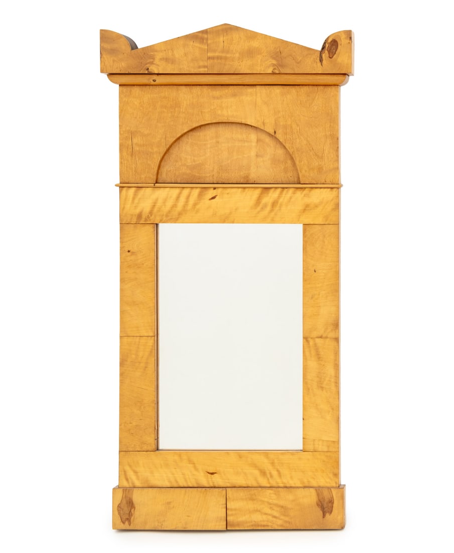 Biedermeier Style Maple Wall Mirror: Biedermeier Style Maple Wall Mirror, with architectural crest. Mirror plate: 14.75" H x 9.5" W; frame: 32.25" H x 16.25" W x 2" D. Provenance: From a Tribeca Estate. Keywords: Vintage mirrors, Looking