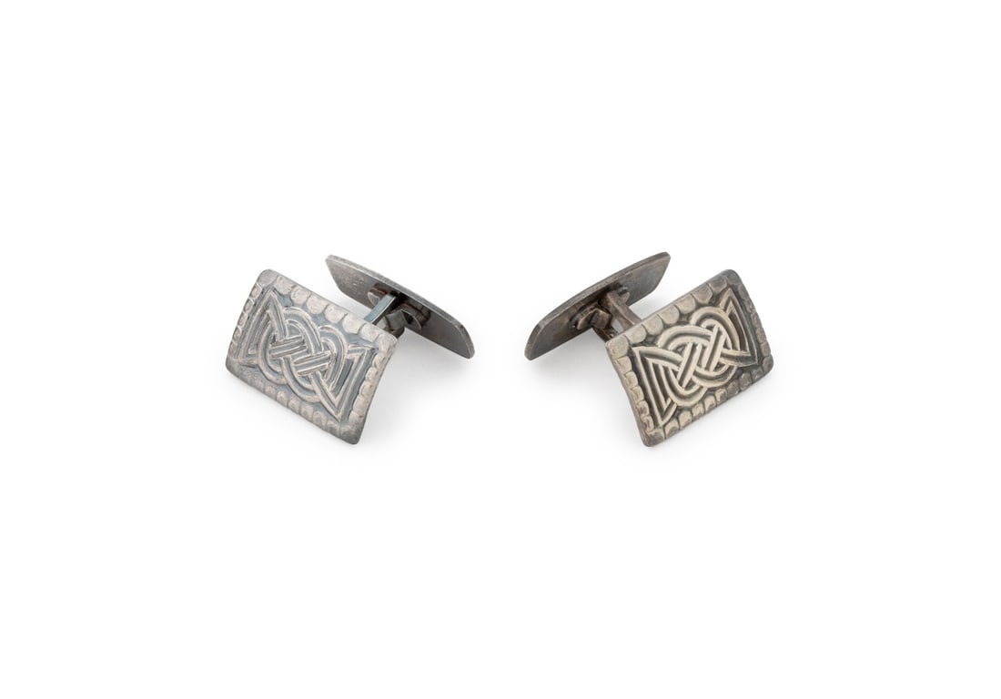 David Andersen Sterling Silver Knot Cufflinks: David Andersen Sterling Silver Viking Knot Motif Cufflinks, crafted in sterling silver, featuring ancient Viking knot design with brightly polished surfaces, worn through French cuffs with fixed bar a