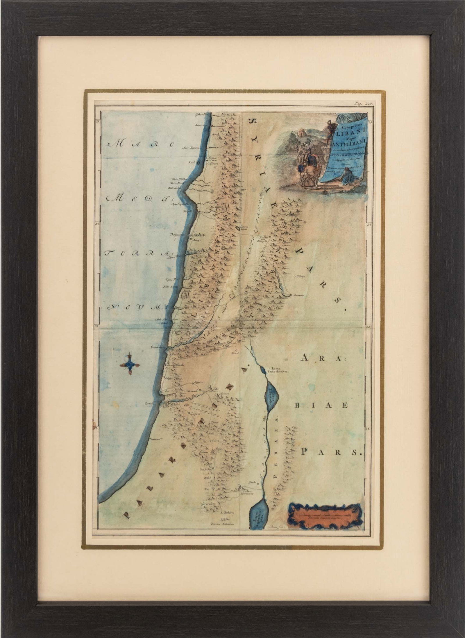 Adriaan Reland Conspectus Libani atque Antilibani: Adriaan Reland (Dutch, 1617-1718), "Conspectus Libani atque Antilibani" [View of the Lebanon and Anti-Lebanon], Hand-Colored Engraving, 18th century, from "Palaestina ex monumentis veteribus illustrat
