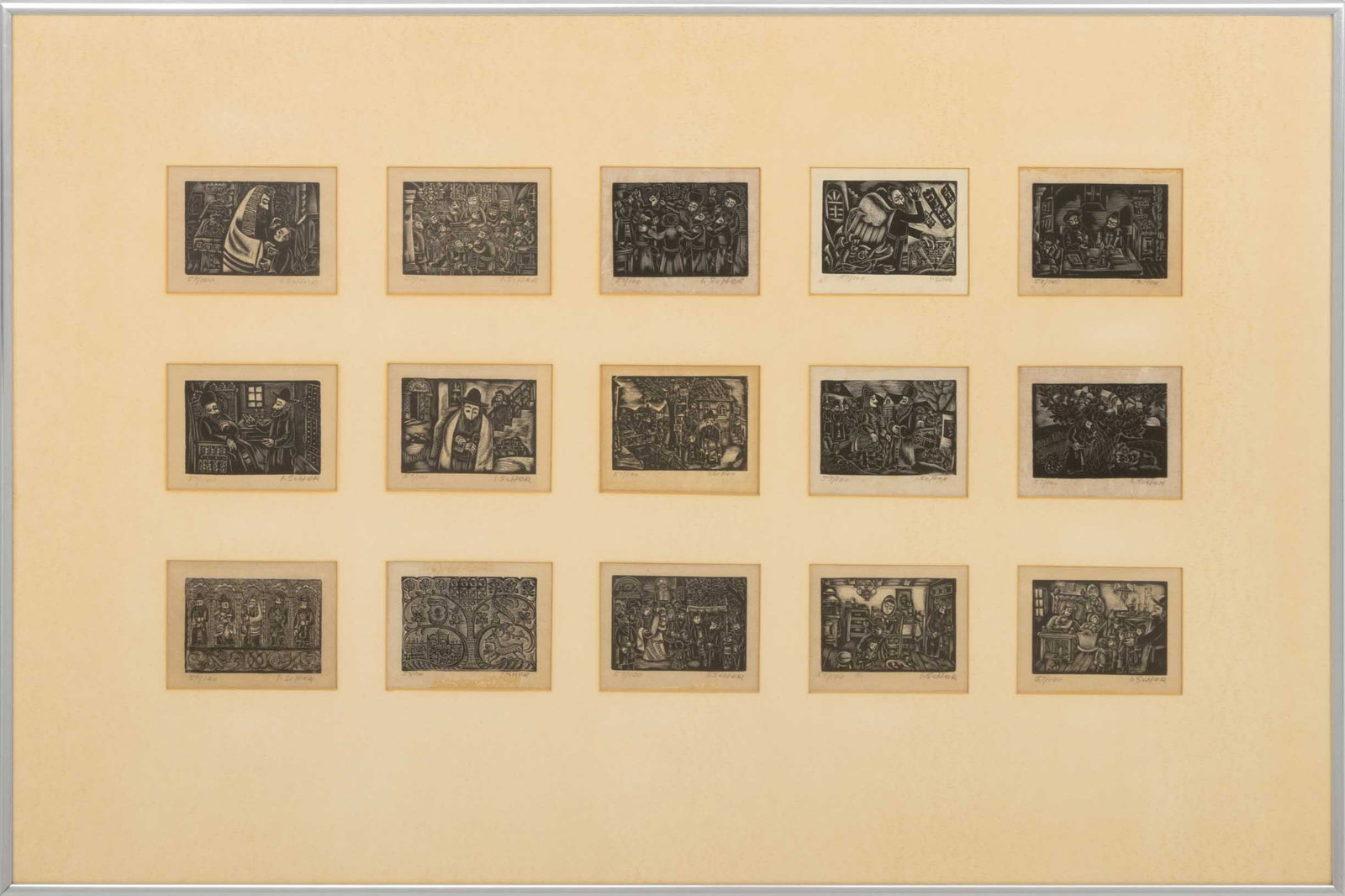 Ilya Schor Judaica Scenes Woodcuts, 1951, 15: Ilya Schor (American, born Austrian Empire, 1904-1961), Group of Fifteen Judaica Scenes, Woodcut Prints on Paper, 1951, each signed in pencil "I. Schor" lower right and numbered edition "57/100" lower