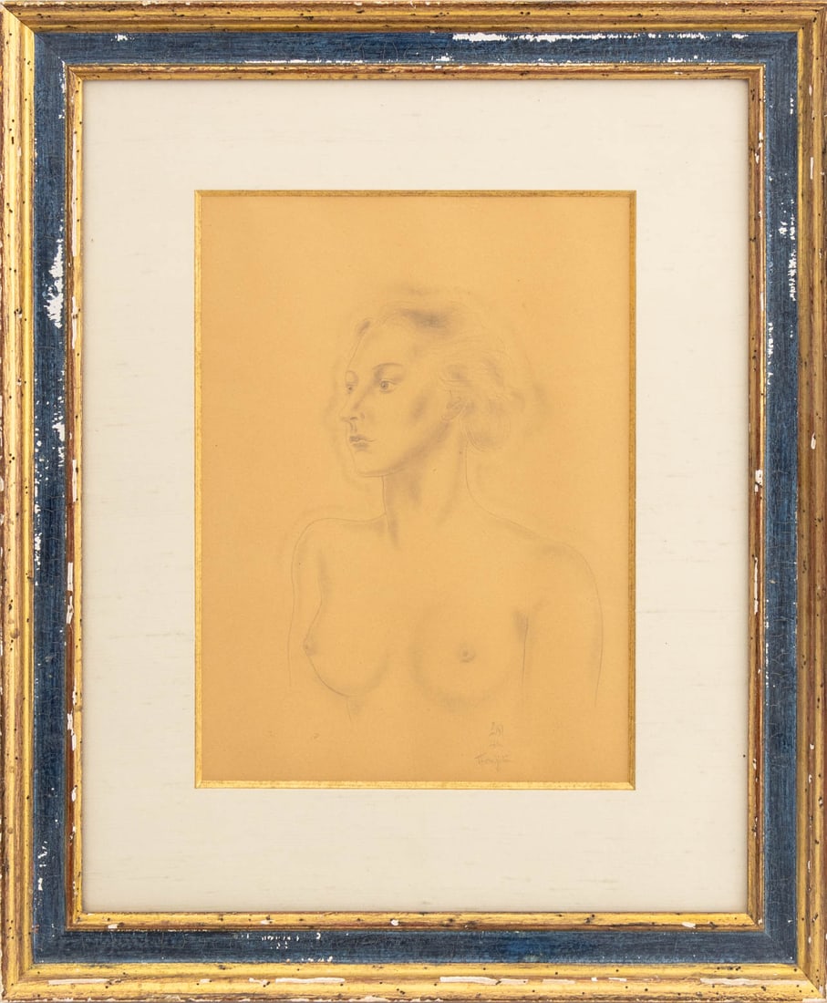 Leonard Tsuguharu Foujita Nude Female Graphite: Leonard Tsuguharu Foujita (Japanese/French, 1886-1968), Portrait of a Nude Female Figure, Graphite on Paper, signed lower right, blue painted and giltwood frame. Image: 13.75" H x 10.25" W; frame: 23.