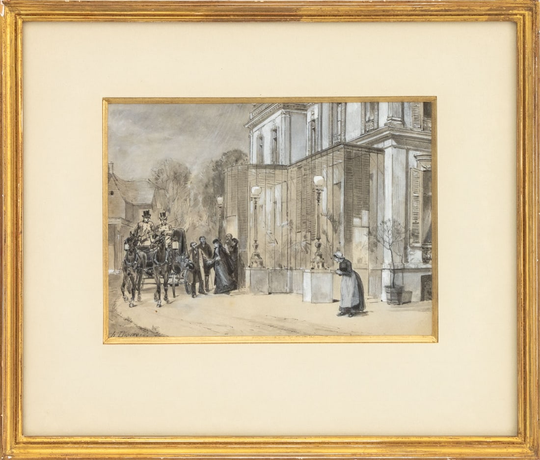 Henri-Louis Dupray Evening Carriage Ride, 19th C.: Henri-Louis Dupray (French, 1841-1909), Evening Carriage Ride, Ink and Watercolor on Paper, late 19th century, signed "H. Dupray" lower right, giltwood frame. Image: 6.5" H x 9" W; frame: 12.75" H x 1