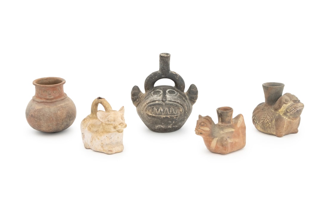 Pre-Columbian Animal Form Pottery Vessels, 5: Collection of Five Pre-Columbian Animal Form Pottery Vessels, comprising: four stirrup spout vases and one vase with molded face to the top rim. Tallest: 10" H x 8.75" W x 7.5" D. Provenance: From the