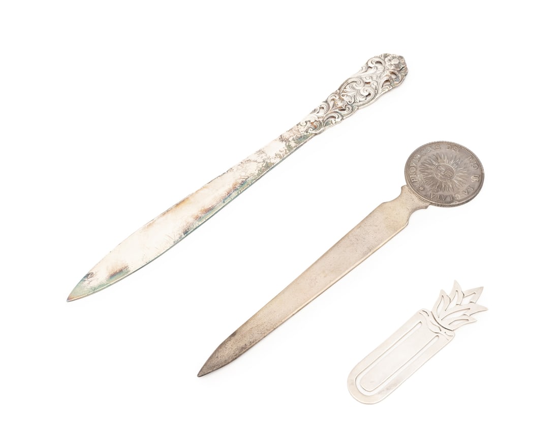 Vintage Silver Desk Accessories, 3: Collection of Three Vintage Silver Desk Accessories, comprising: Mexican sterling silver pineapple bookmark, marked "TM-185 Mexico 925", Norwegian .830 silver letter opener, marked "830S / Th. Marthin