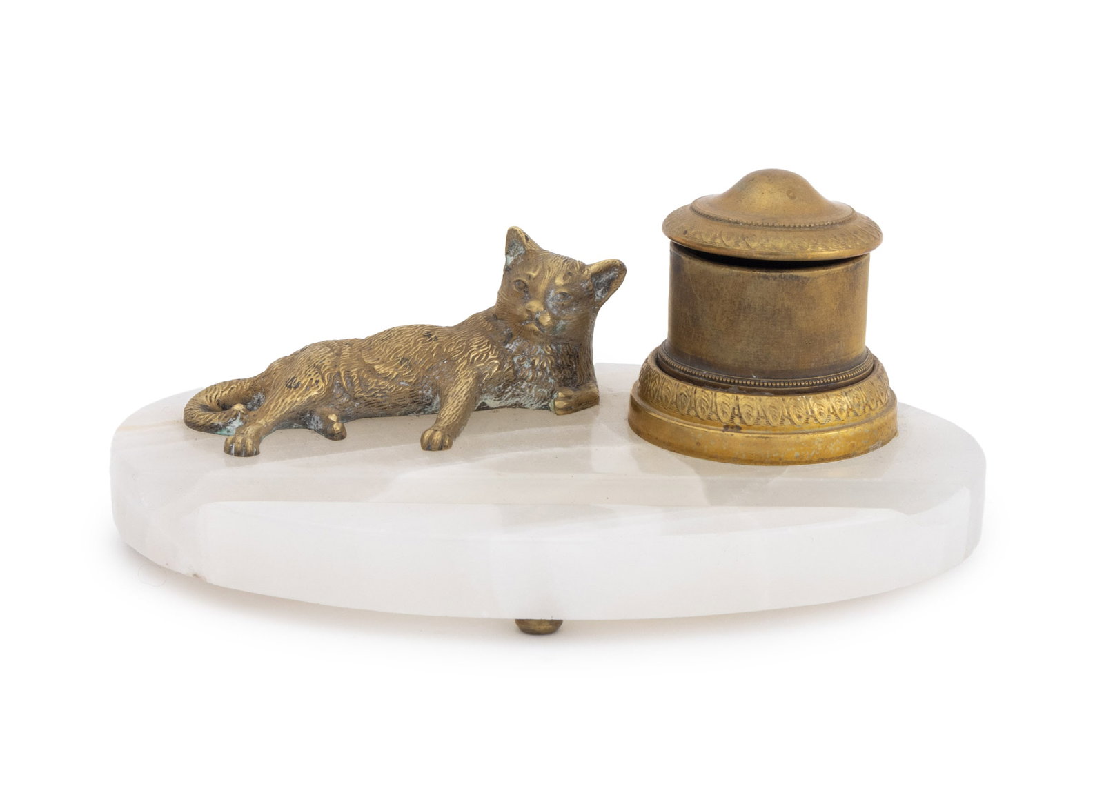 Cat Motif Banded White Onyx Inkstand, ca. 1900: Cat Motif Gilt Metal and White Banded Onyx Ink Stand, circa 1900, the pen rest mounted with an ormolu inkwell and gilt metal reclining cat sculpture. 3" H x 6.75" W x 4.25" D. Provenance: From the Fif