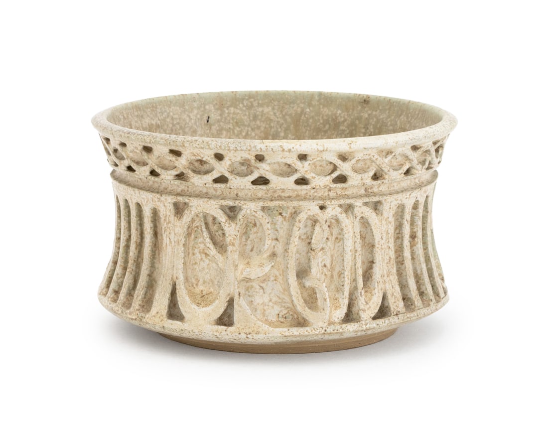 Signed Glazed Art Pottery Bowl, 1973: Modern Glazed Art Pottery Bowl, 1973, with gothic revival carvings, signed "De Songa" to underside. 3.25" H x 5.5" Diameter. Provenance: From the Fifth Avenue Estate of a Distinguished Author and Huma
