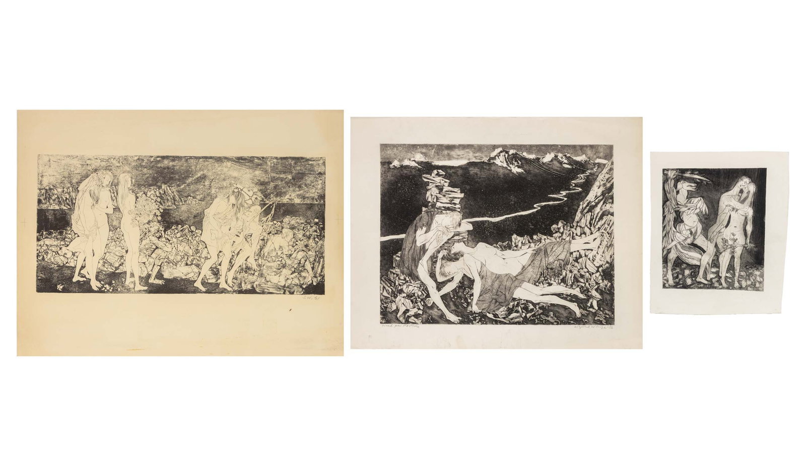 Sigurd Winge Figural Scene Etchings & Woodblock, 3: Sigurd Winge (Norwegian, born Germany, 1909-1970), Group of Three Figural Scenes, Two Etchings and one Woodblock Print, comprising: an "The expulsion from Paradise", unsigned, "Daggry" [Dawn],