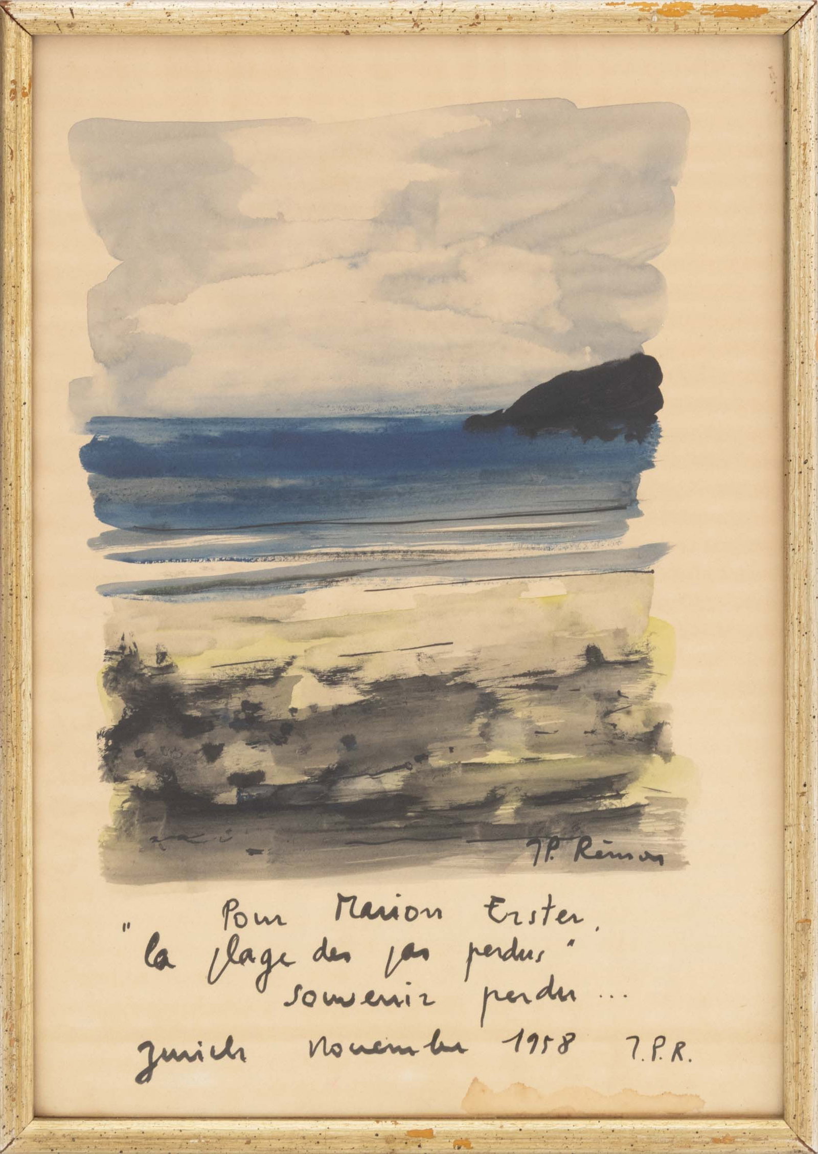 Jean-Pierre Remon Beach Landscape Watercolor, 1958: Jean-Pierre Remon (French, 1928-2024), Beach Landscape Scene, Watercolor on Paper, signed lower right, inscribed in French "Pour Marion Ester / la plage de jos perdus soseniz perdu ... Zurich