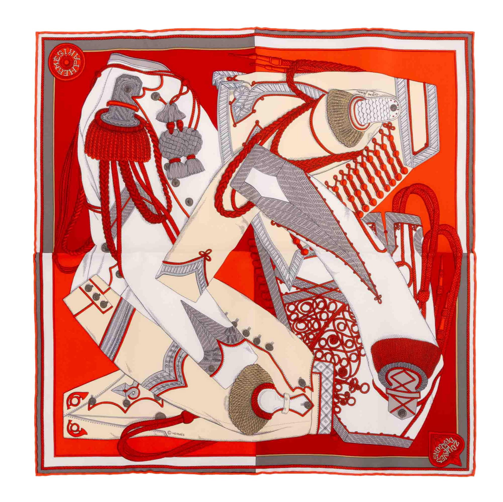 Hermes "Zouaves et Dragons" Silk Pocket Square: Hermes "Zouaves et Dragons" Pattern Silk Twill Pocket Square, designed by Virginie Jamin, marked "Hermes Paris" in print, with original box. 16.5" L x 16.5" W. Provenance: From the Fifth Avenue