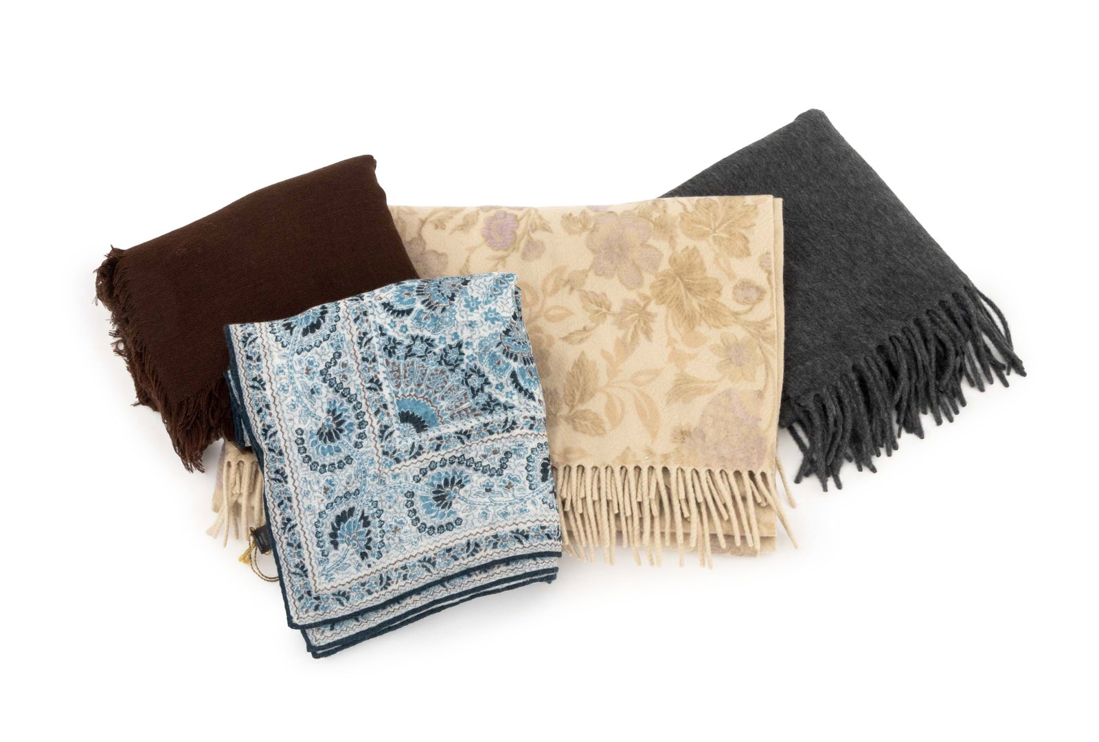 Collection of Loro Piana Cashmere Scarves, 4: Collection of Four Loro Piana Cashmere Scarves, one with purple floral pattern on a beige ground, an I Quadri "Moon" pattern scarf, a chocolate brown scarf, and a gray scarf, all with original boxes.