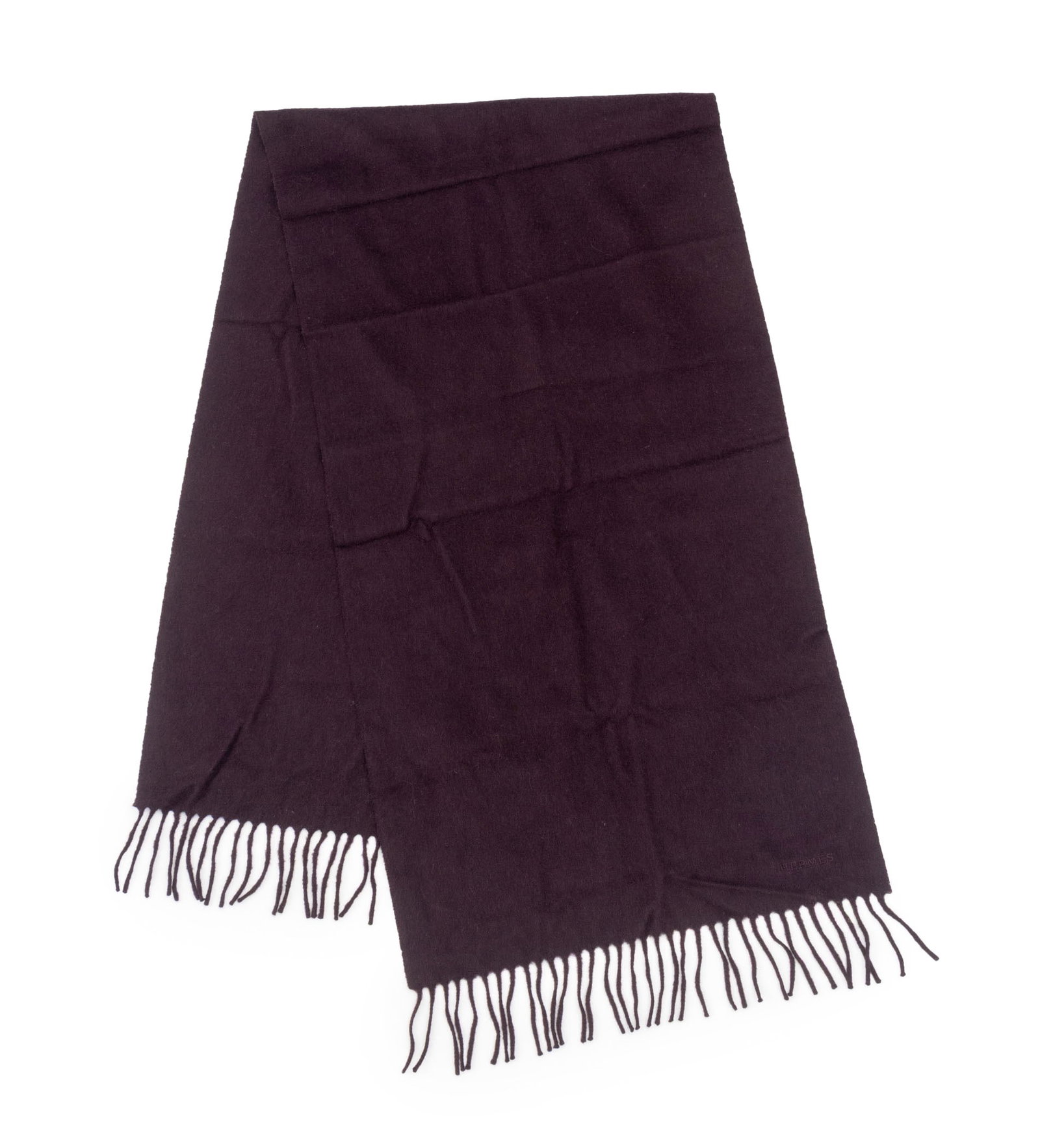 Hermes Deep Purple Cashmere Scarf: Hermes Deep Purple Cashmere Scarf, with "100% Cachemere / Made in Great Britain" label. 64" L x 16" W. Provenance: From the Fifth Avenue Estate of a Distinguished Author and Humanitarian. Keywords: