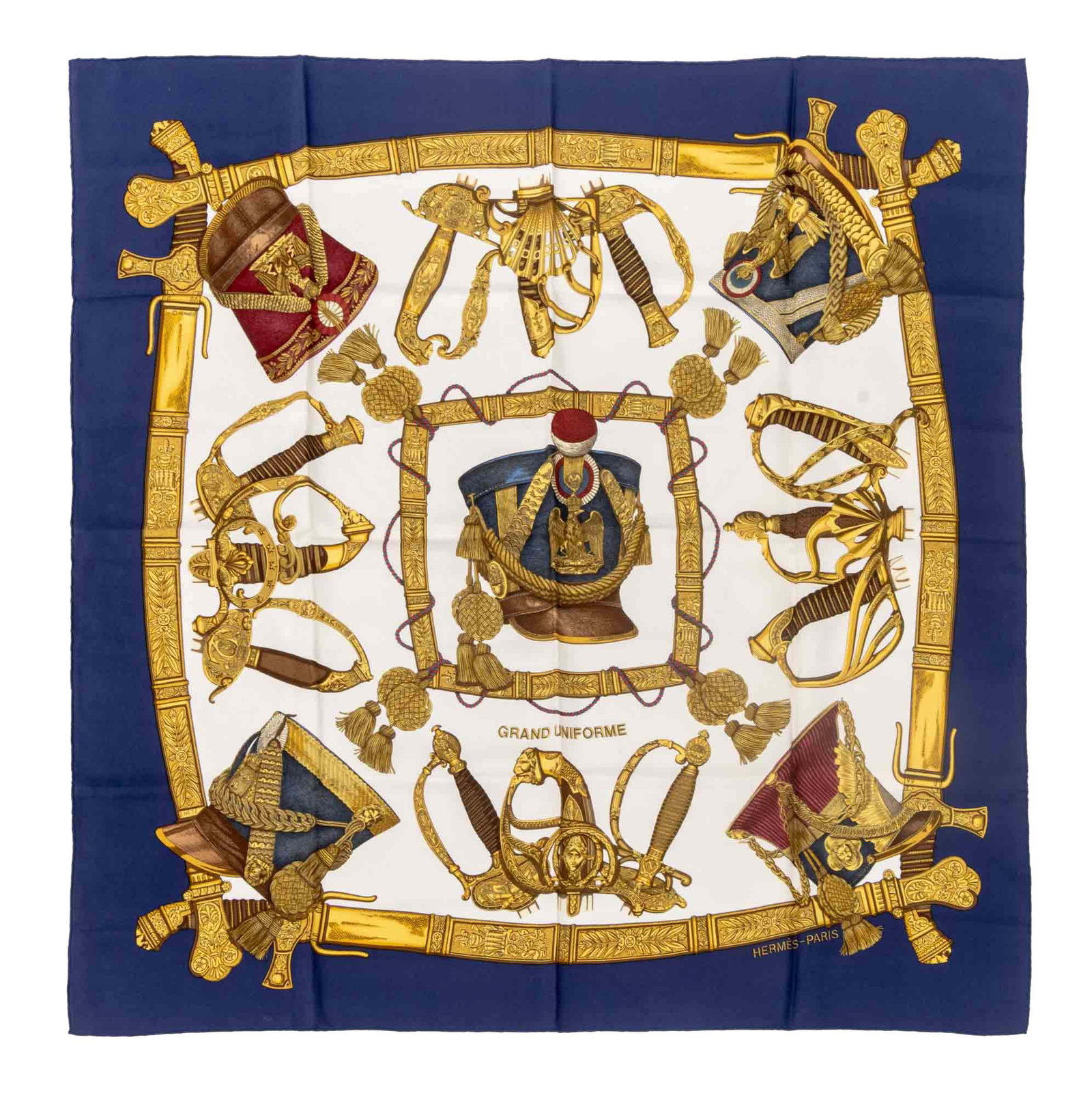 Hermes "Grand Uniforme" Silk Twill Scarf: Hermes "Grand Uniforme" Pattern Silk Twill Scarf, designed by Joachim Metz, marked "Hermes Paris" in print. 35" L x 35" W. Provenance: From the Fifth Avenue Estate of a Distinguished Author and