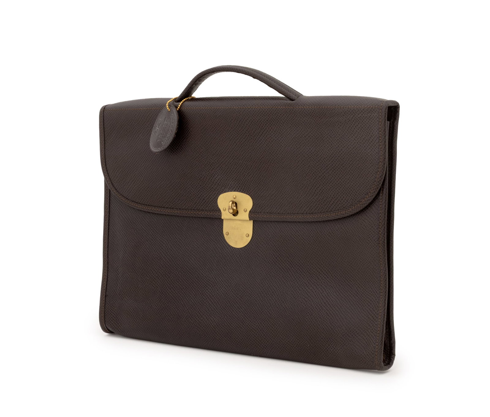 Longchamp Brown Leather Portfolio Case: Longchamp Brown Leather Portfolio Case, with original dustbag. 13" H x 15" W. Provenance: From the Fifth Avenue Estate of a Distinguished Author and Humanitarian. Keywords: Designer, French Fashion, H