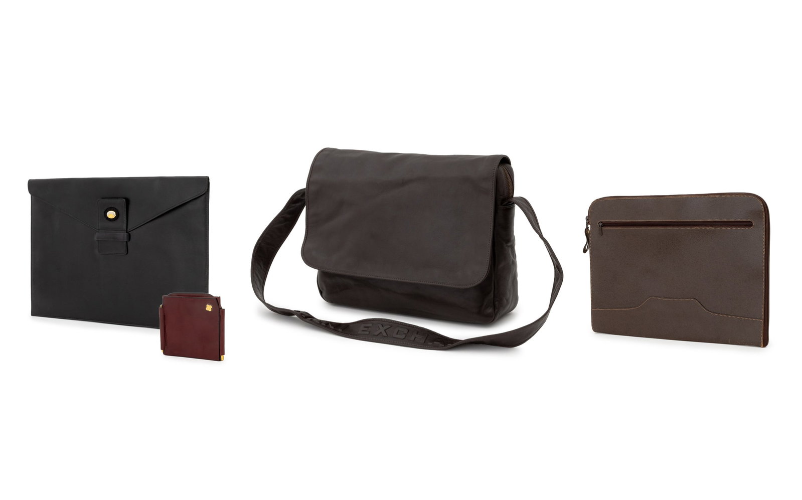 Designer Leather Accessories and Bags, 4: Three Designer Leather Accessories and Travel Bags, comprising: a Balenciaga wallet marked "Balenciaga Paris" inside, a Gucci laptop case, an Armani Exchange messenger bag, and a Gucci black leather e