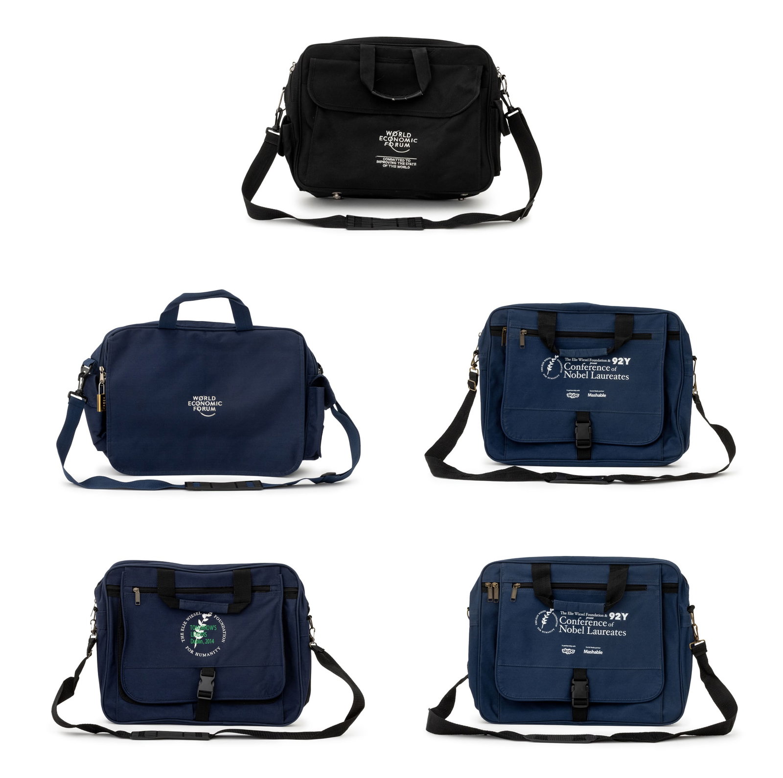 Collection of Travel Bags, 5: Collection of Five Travel Bags, four blue and one black. Largest: 13" H x 16" W x 4" D. Provenance: From the Fifth Avenue Estate of a Distinguished Author and Humanitarian. Keywords: Travel case,