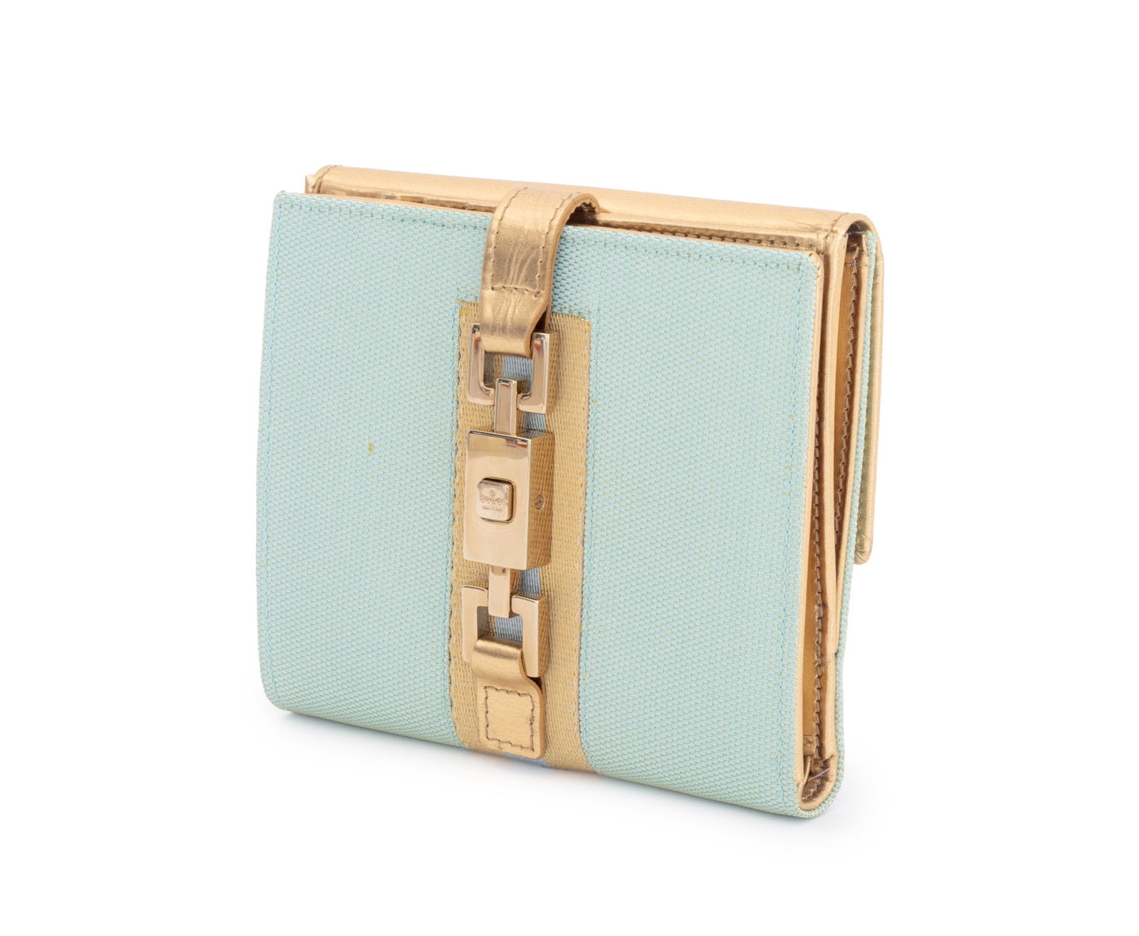 Gucci "Jackie" Bifold Wallet: Gucci "Jackie" Bifold Wallet, in turquoise canvas and golden leather with multiple credit card pockets and change compartment with button closure, gold-tone hardware, marked "Gucci / Made in Italy", w