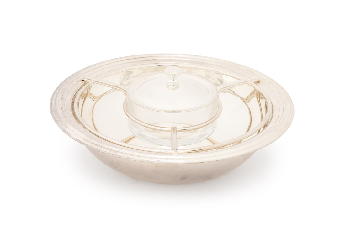 Gorham "Maestri" Silver Plate Caviar Serving Bowl: Gorham "Maestri" Silver Plate Caviar Serving Bowl, with glass insert, marked to interior. Overall: 3.5" H x 8" Diameter. Provenance: From the Fifth Avenue Estate of a Distinguished Author and Humanita
