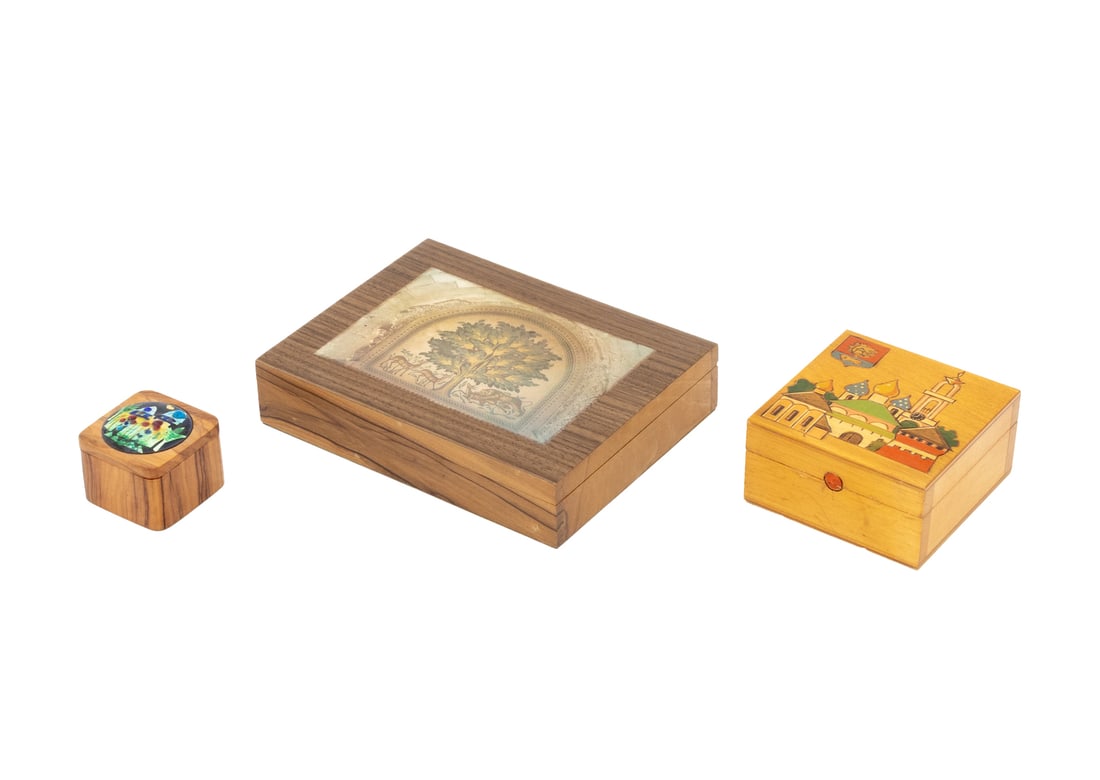 Decorated Carved Wood Covered Boxes, 3: Collection of Three Decorated Carved Wood Covered Boxes, one with an image of the Tree of Life mosaic found at Hisham's Palace in Jericho of the Umayyad Era to lid, one with resin cabochon of a citysc