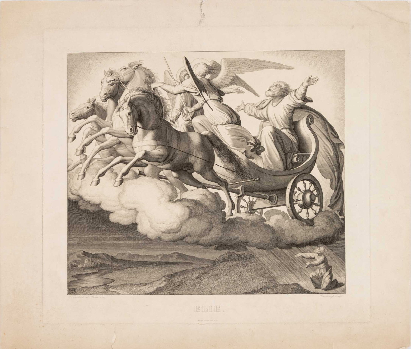 Ferdinand Ruscheweyh "Eijah" Etching, 19th C.: Ferdinand Ruscheweyh (German, 1785-1846), "The Ascension of Elijah", Etching, 19th century, marked in print lower right, unframed. Image: 10.25" H x 11.75" W; plate: 12.5" H x 13.75" W; sheet: 14.75" 