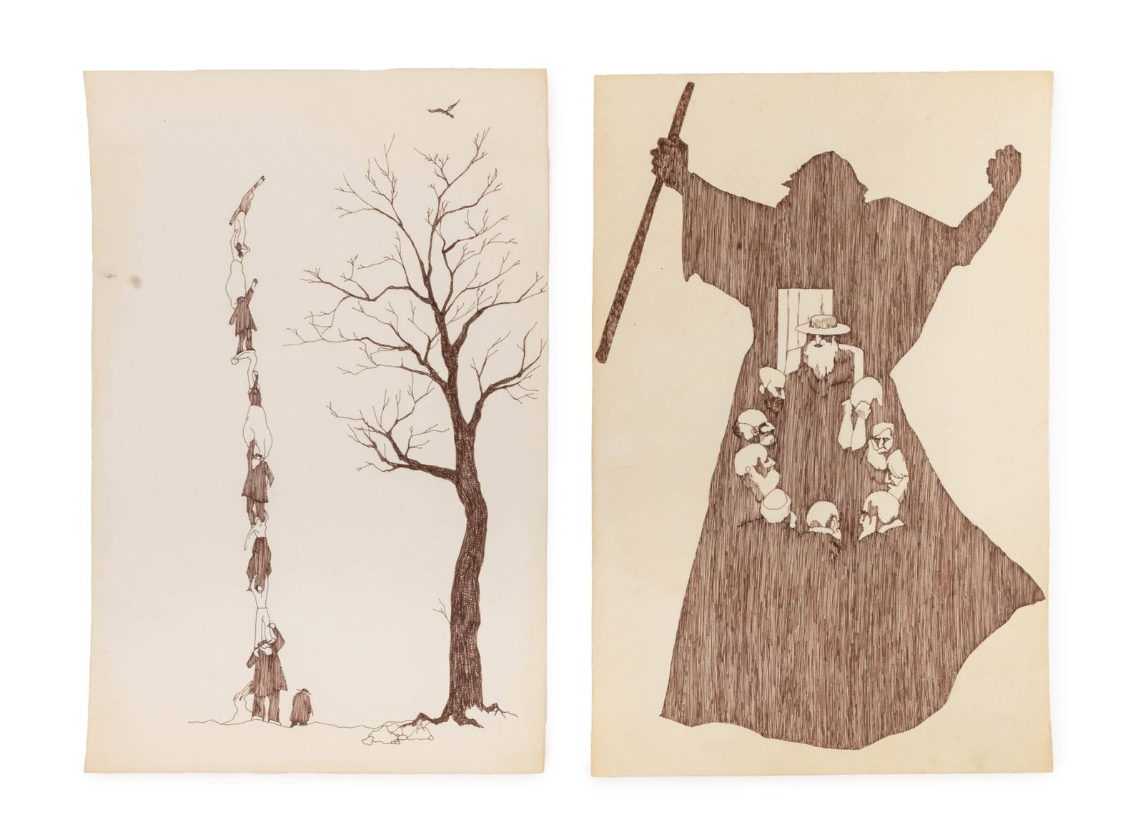 Allan Reid Attr. Figural Judaica Scenes Ink, 2: Allan Reid (American, XX) Attributed, Two Figural Judaica Scene Illustrations, Ink on Paper, comprising: Stacked Figures in Landscape and Shadow Figure, each unsigned, unframed. Each sheet: 18" L x 11