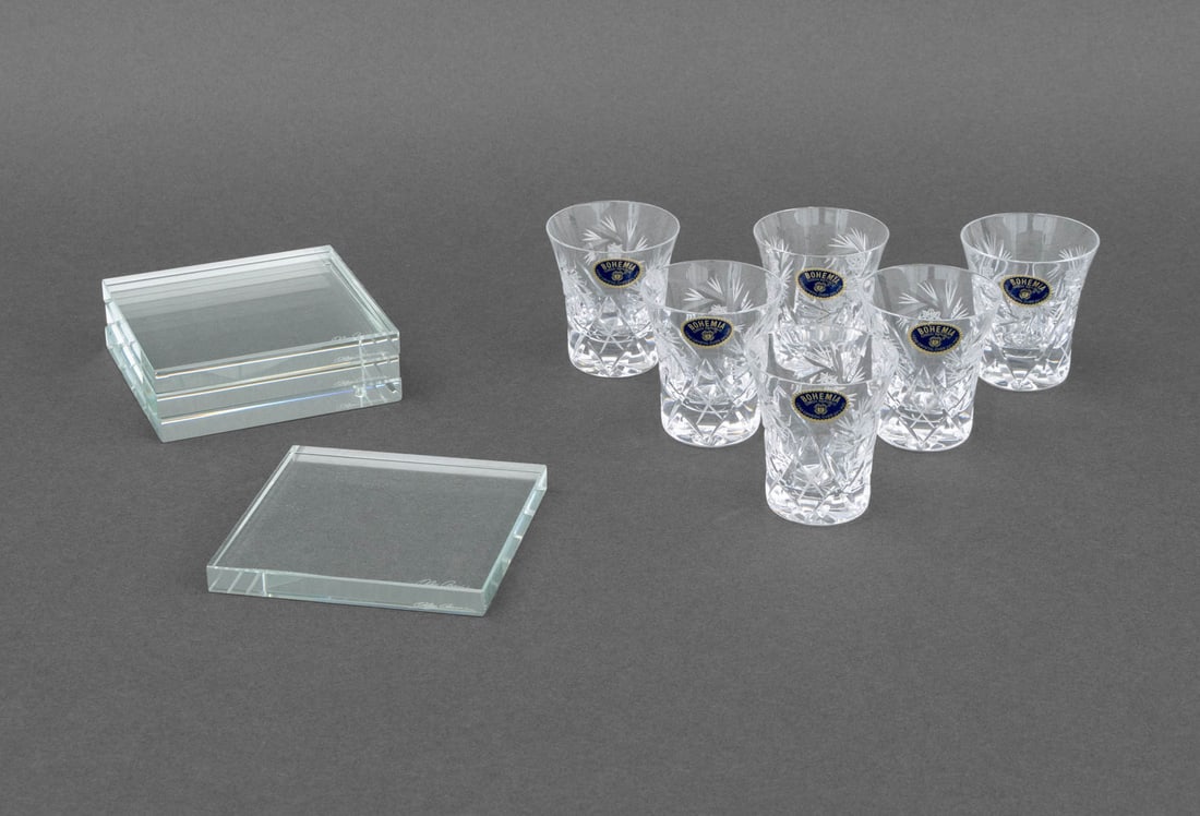 Oleg Cassini, Etc. Crystal Barware, 10 Pcs.: Collection of 10 Vintage Crystal Barware Pieces, comprising: set of four Oleg Cassini coasters, signed to the underside, in fitted box and set of six Bohemian cut crystal shot glasses, with labels