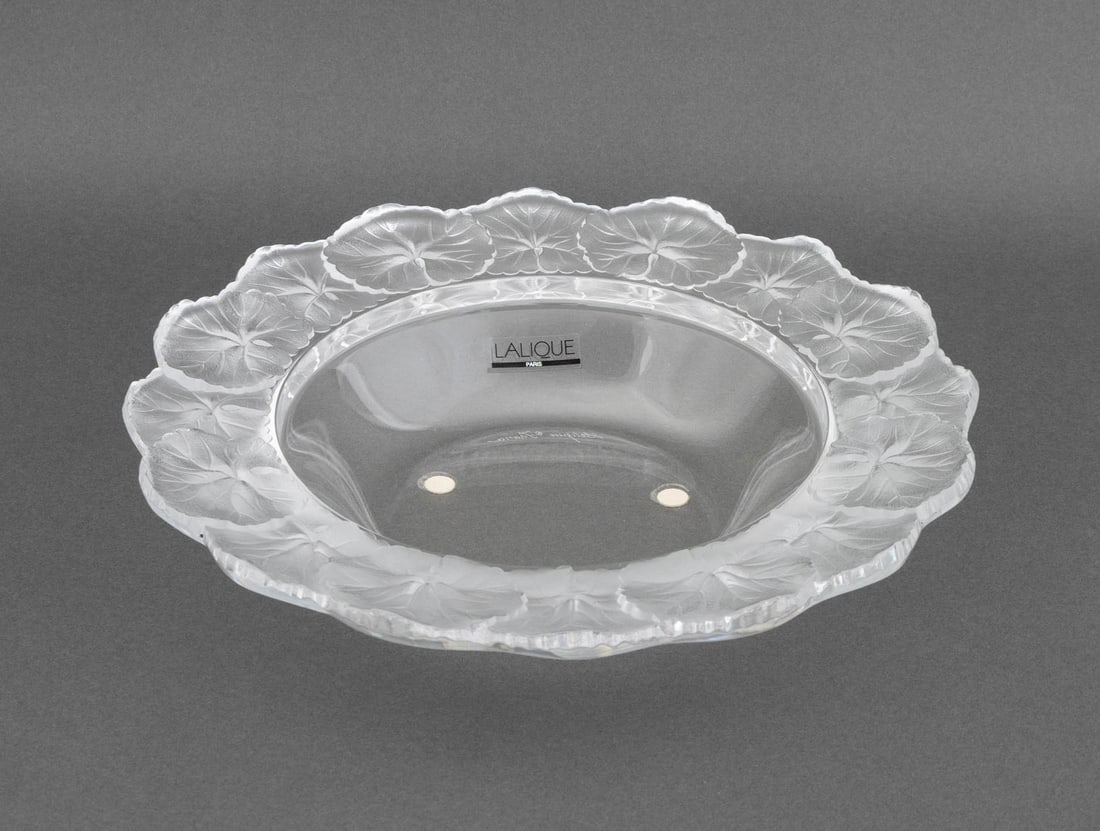 Lalique Crystal "Honfleur" Centerpiece Bowl: Lalique Crystal "Honfleur" Pattern Centerpiece Bowl, marked "Lalique France" to underside and with "Lalique Paris" label to interior. 2.25" H x 10.75" Diameter. Provenance: From the Fifth Avenue Estat