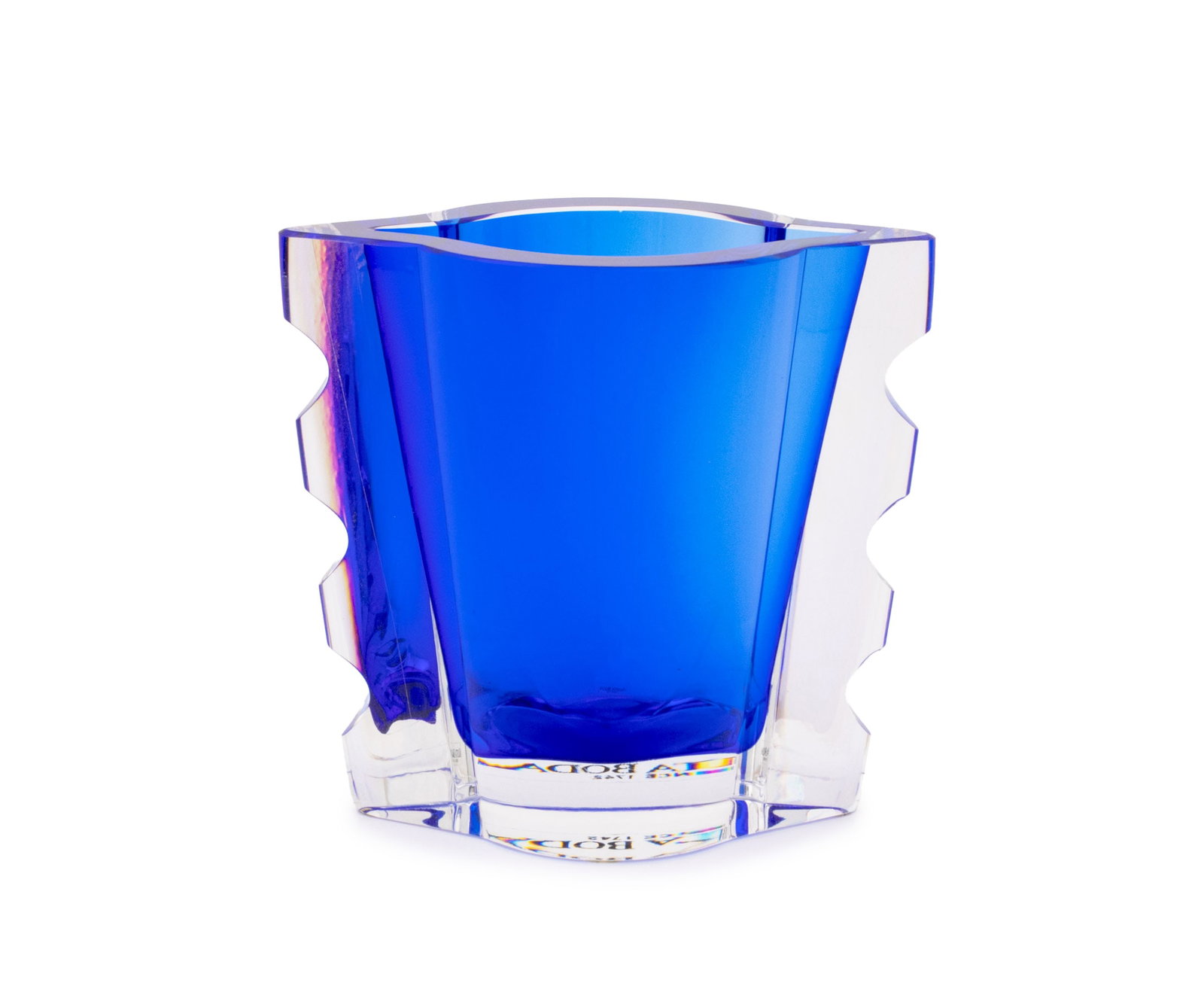 Ann Wahlstrom x Kosta Boda Blue Glass Vase: Ann Wahlstrom (Swedish, b. 1957) for Kosta Boda Cobalt Blue and Clear Glass Geometric Vase, signed and numbered "3395490002/100" to underside and label to base. 6.25" H x 7" W x 4.25" D. Provenance: