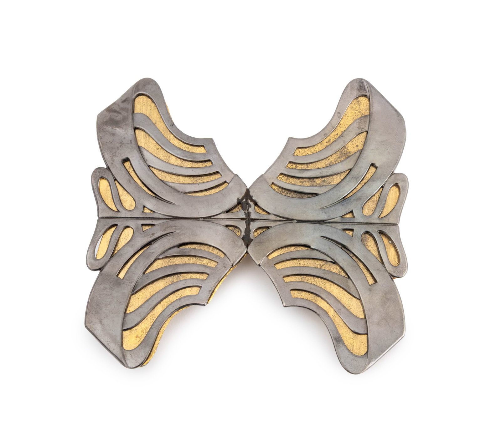 Yves Saint Laurent Butterfly Belt Buckle, 1970s: Yves Saint Laurent Art Nouveau Style Butterfly Form Belt Buckle, 1970s, gunmetal-tone and gilt metal, marked "YSL" to reverse. 4.5" H x 4.75" W. Provenance: From the Fifth Avenue Estate of a Distingui