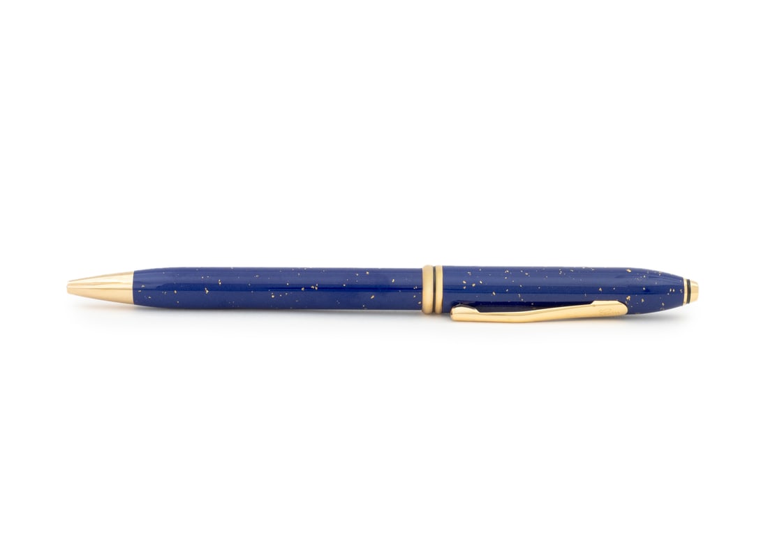 Cross Townsend Lapis Lazuli Ballpoint Pen: Cross Townsend Lapis Lazuli Ballpoint Pen, gold-tone accents, marked "Cross" to clip, in Cross box. 5.75" L; overall: 2.5" H x 7.75" W x 6.75" D. Provenance: From an Upper East Side Estate. Keywords: 