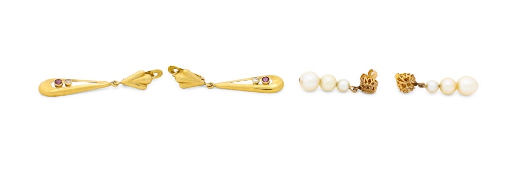 14K Yellow Gold Drop Earrings, 2 Pairs: 14K Yellow Gold Drop Earrings Set, including two pairs, first pair adorned with two round brilliant cut diamonds and two round brilliant cut rubies, bezel set, weighing a combined total of approx. 0.2