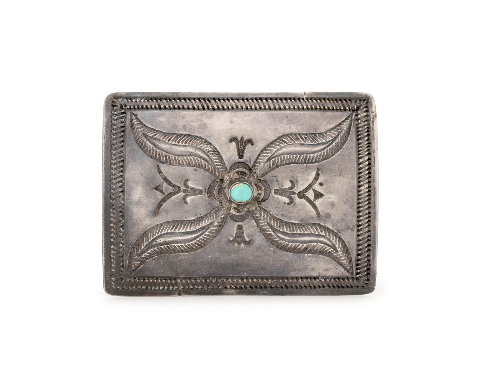 Navajo Dine Sterling Turquoise Large Concho: Navajo Dine Sterling Silver Turquoise Large Concho, designed as an ornamental belt attachment with brightly polished, stamped and engraved finish, featuring one centered bezel set round turquoise cabo