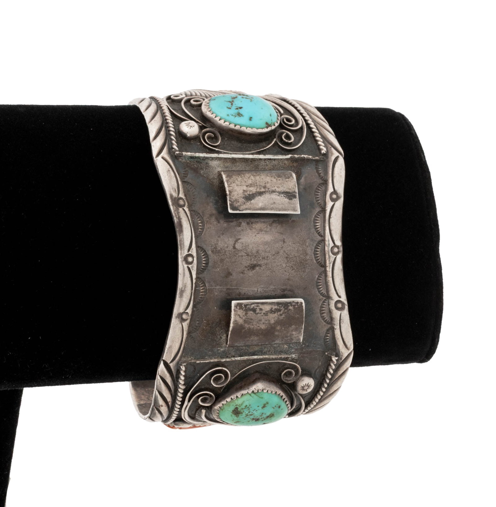 Navajo Dine Sterling, Coral, Turquoise Watch Cuff (1 of 9)